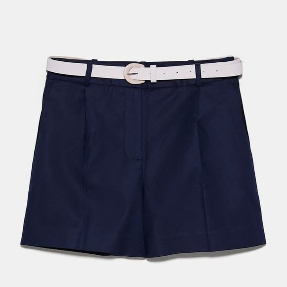 ZARA Double Faced Belted Shorts Navy Blue